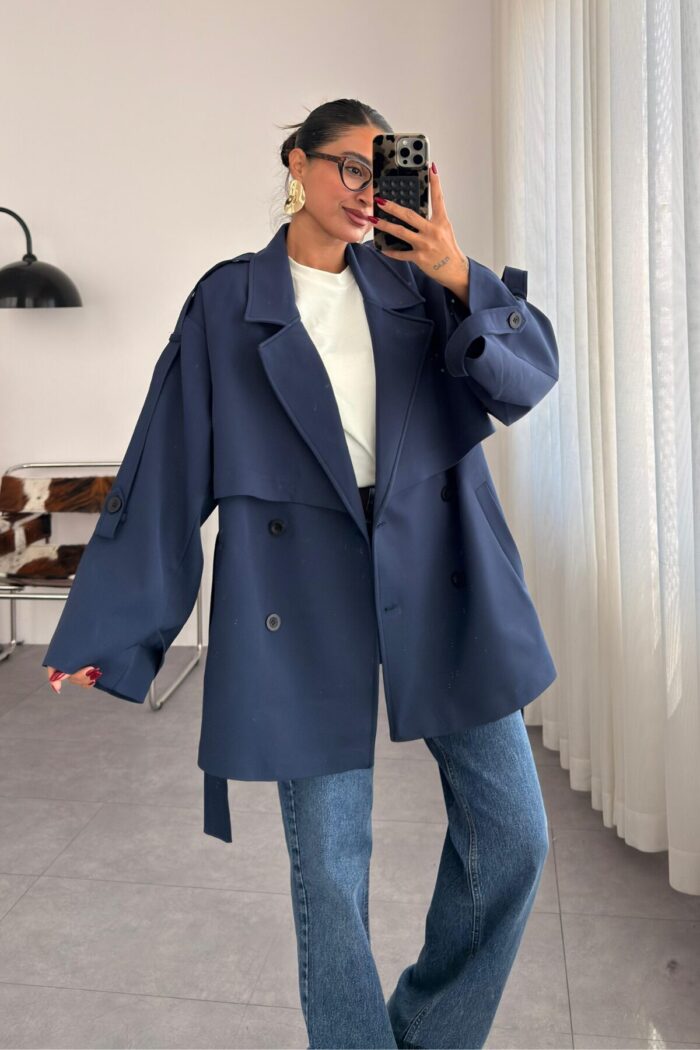 Oversize Beli Bağlamalı Kısa Trenç Lacivert - Görsel 2