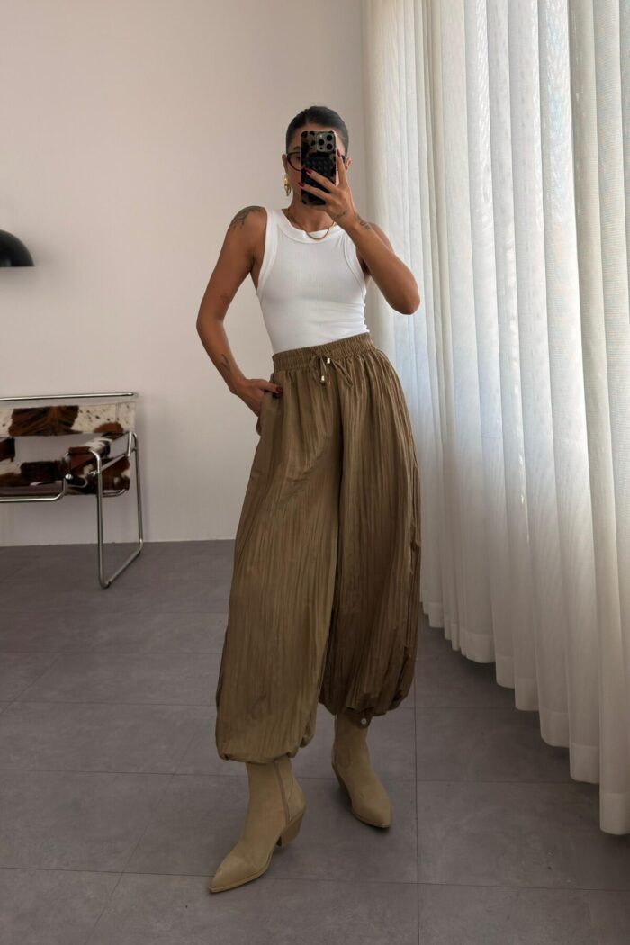 Paçası Düğmeli Kırışık Şalvar Pantolon Camel - Görsel 1