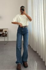 Perla Kemerli Lacivert Wide Leg Jean