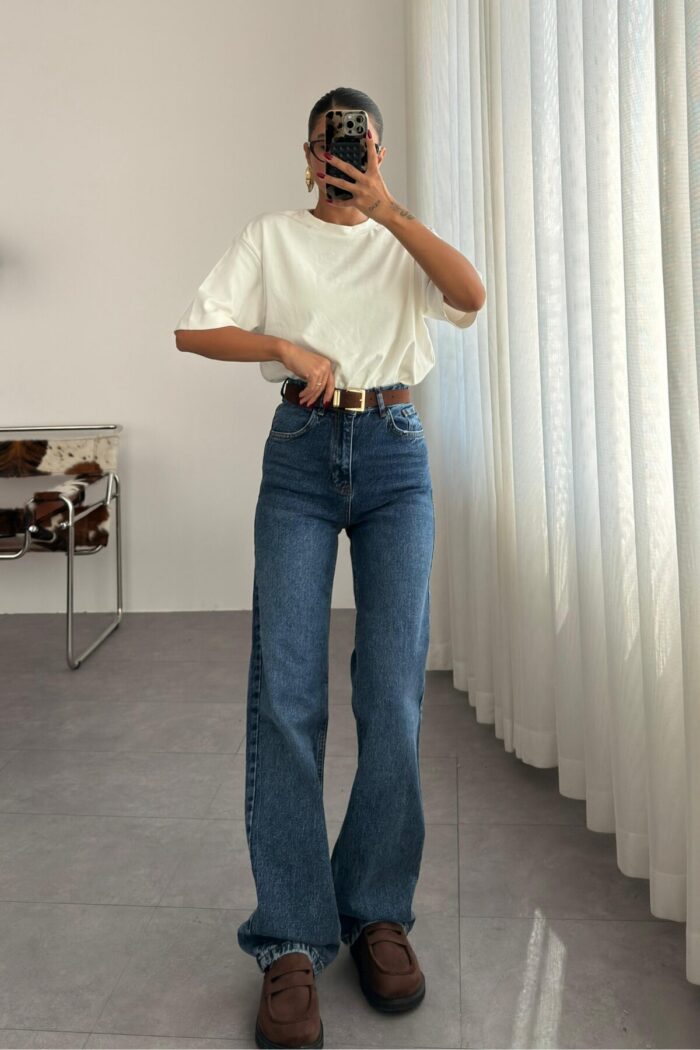 Perla Kemerli Lacivert Wide Leg Jean - Görsel 1