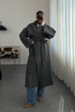 Kuşaklı Oversize hırka Füme