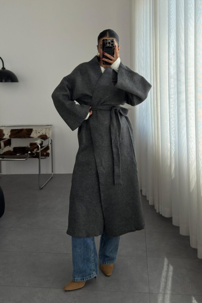 Kuşaklı Oversize hırka Füme - Görsel 1
