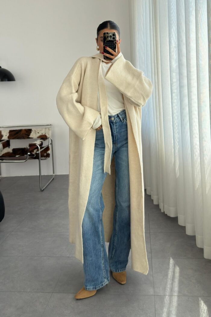 Kuşaklı Oversize hırka Taş - Görsel 2