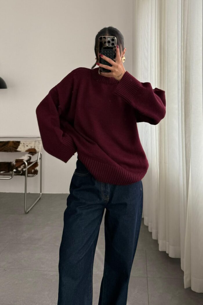 Pia Oversize Örgü Kazak Bordo - Görsel 1