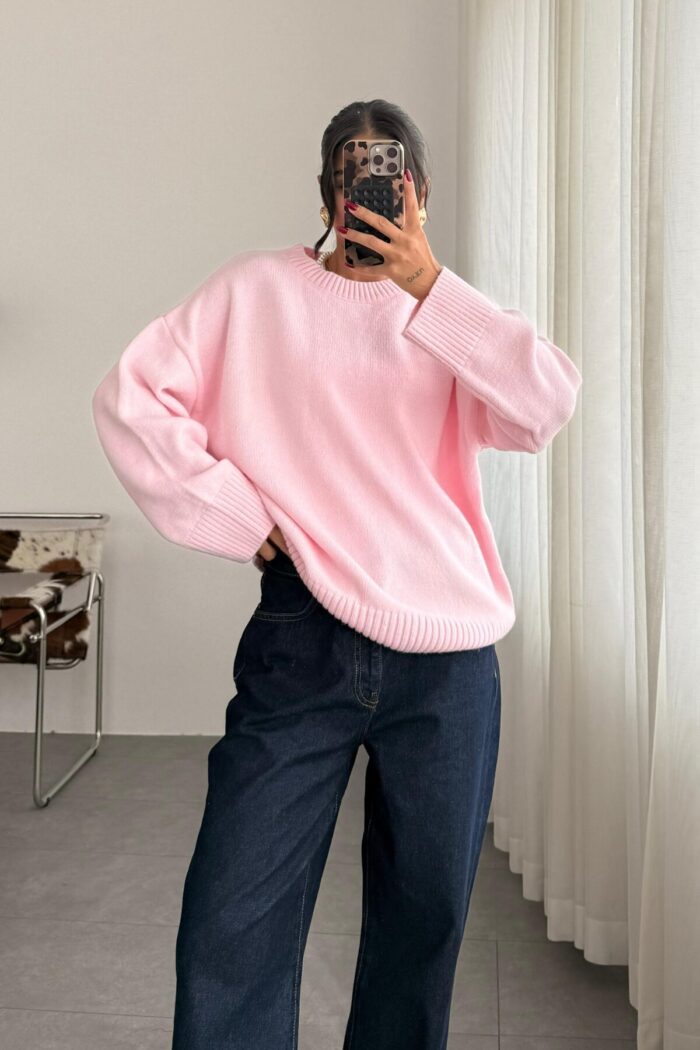Pia Oversize Örgü Kazak Pembe - Görsel 1