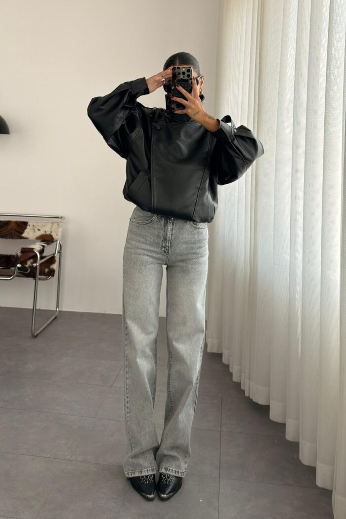 Becca Yıkamalı Gri Wide Leg jean - Görsel 1