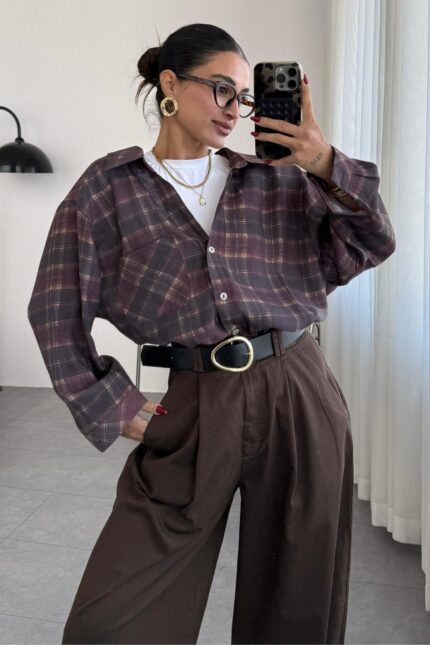 V Yakalı Oversize Gömlek Mürdüm
