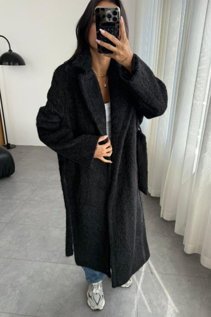 Oversize Uzun Kürk Kaban Siyah - Görsel 2