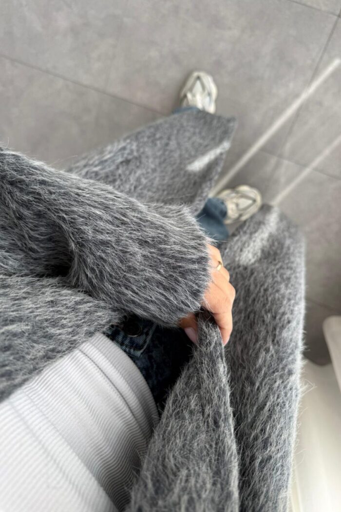 Oversize Uzun Kürk Kaban Antrasit - Görsel 3