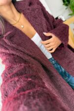 Oversize Uzun Kürk Kaban Bordo - Görsel 3