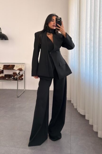 Belden Oturtmalı Blazer Takım Siyah