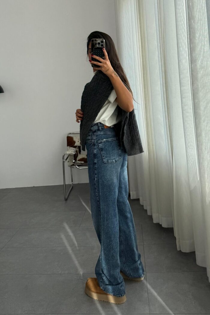 Lole Lacivert Eskitme Wide Leg Jean - Görsel 4