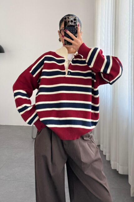 Düğmeli Oversize Çizgili Kazak Bordo
