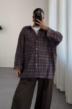 V Yakalı Oversize Gömlek Ekose - Görsel 2