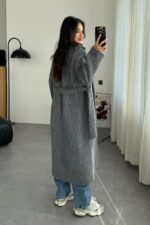 Oversize Uzun Kürk Kaban Antrasit - Görsel 4