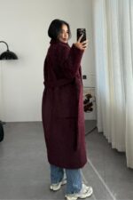 Oversize Uzun Kürk Kaban Bordo - Görsel 4