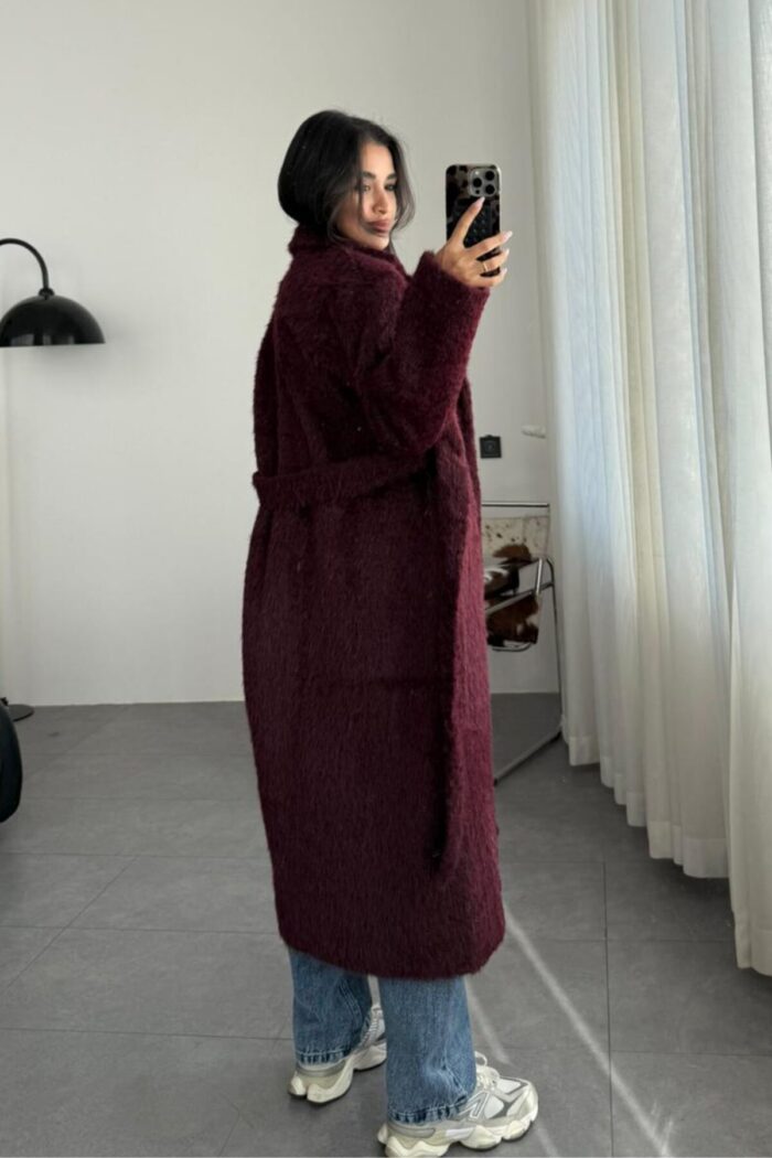 Oversize Uzun Kürk Kaban Bordo - Görsel 4