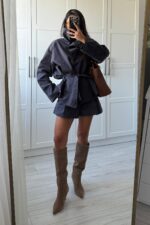 Pileli Şortlu Dik Yaka Trenç Takım Lacivert