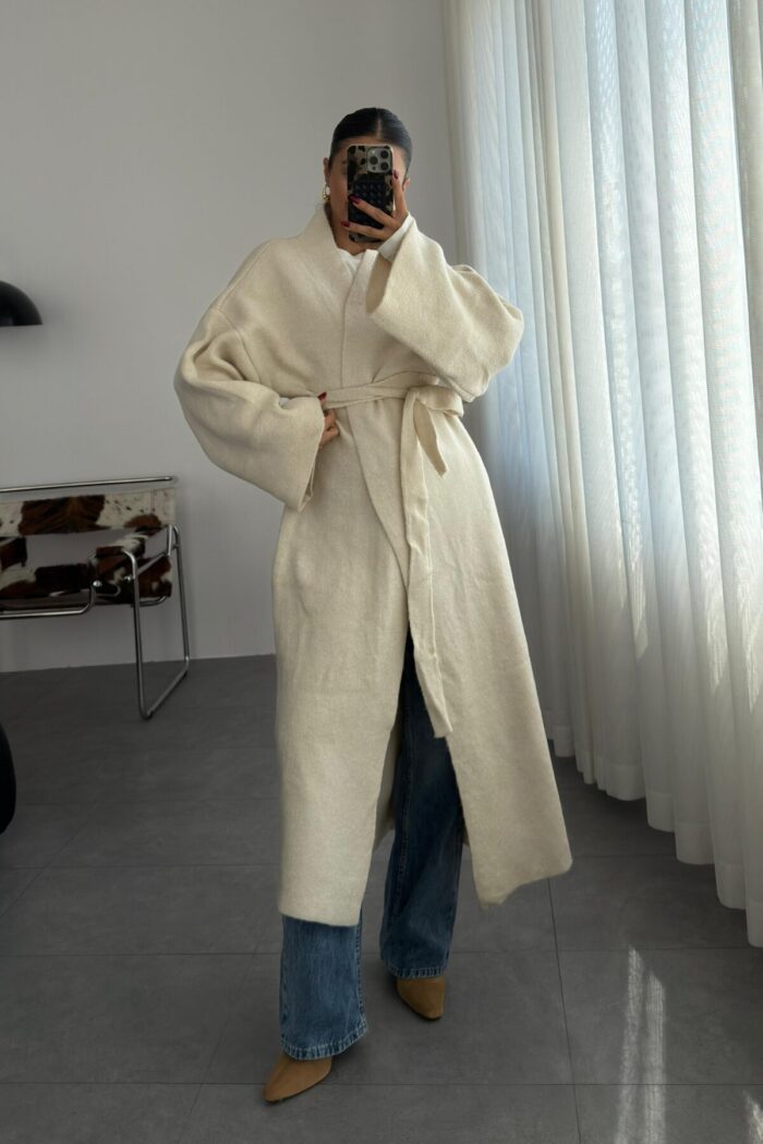 Kuşaklı Oversize hırka Taş - Görsel 1
