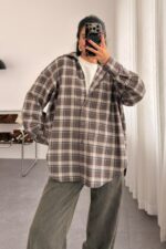 Ekose Oversize Oduncu Gömlek Kahve Bej