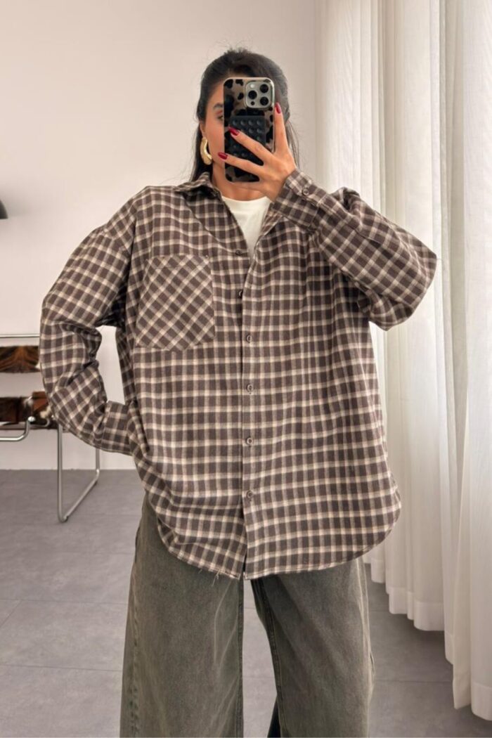 Ekose Oversize Oduncu Gömlek Kahve Taş - Görsel 1