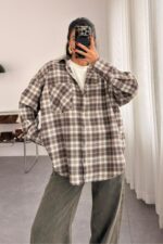 Ekose Oversize Oduncu Gömlek Kahve Beyaz