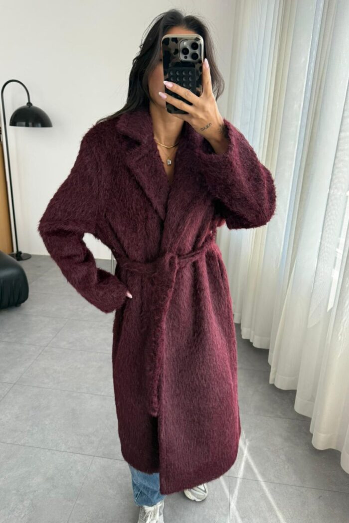 Oversize Uzun Kürk Kaban Bordo - Görsel 2
