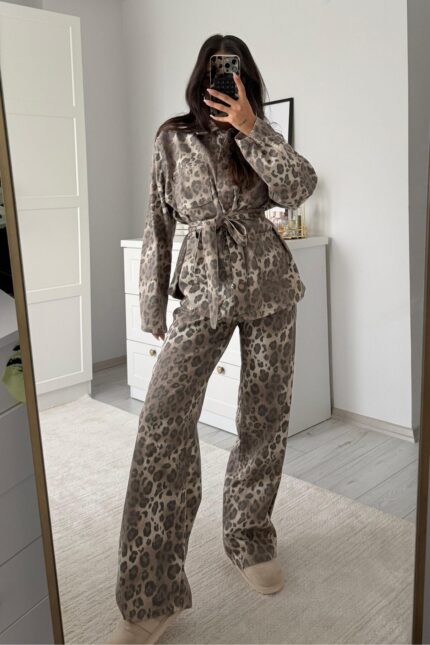 Fuly Açık Leopar Desenli Gömlek Pantolon Takım
