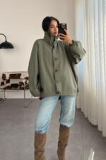 Oversize Dik Yaka Bomber Trenç Haki