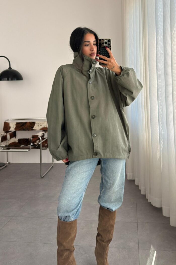 Oversize Dik Yaka Bomber Trenç Haki - Görsel 1
