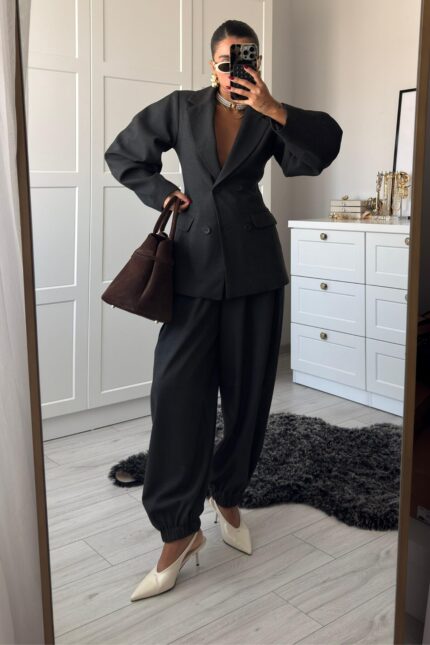 Paçası Lastikli Pantolon Blazer Takım Antrasit