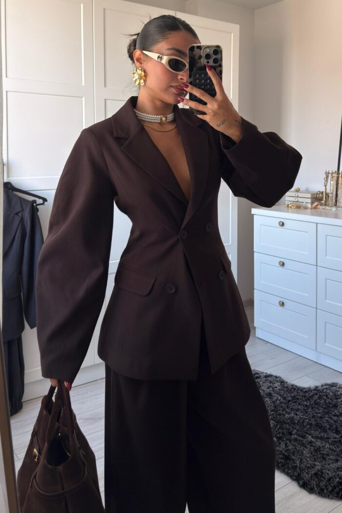 Paçası Lastikli Pantolon Blazer Takım Acı Kahve - Görsel 2