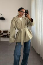 Premium Kısa Oversize Trenç Adaçayı Yeşil