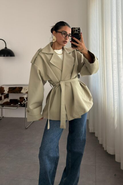 Premium Kısa Oversize Trenç Adaçayı Yeşil