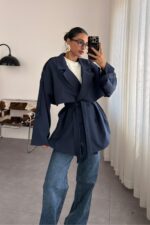Oversize Beli Bağlamalı Kısa Trenç Lacivert