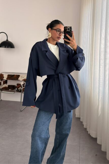 Oversize Beli Bağlamalı Kısa Trenç Lacivert