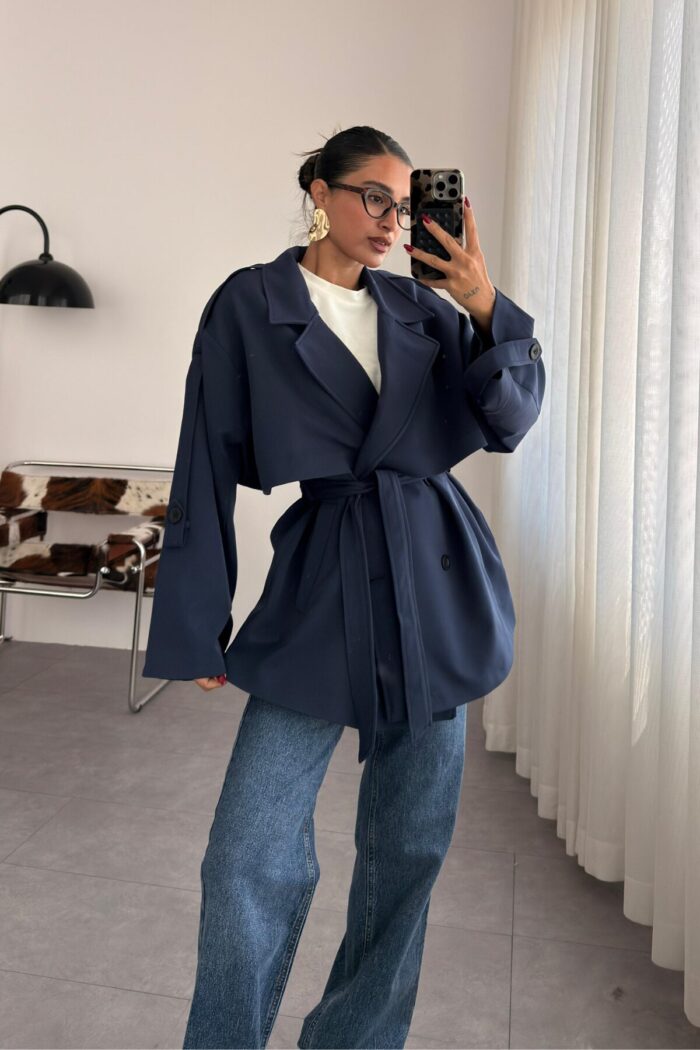 Oversize Beli Bağlamalı Kısa Trenç Lacivert - Görsel 1