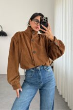 Owen Düğmeli Süet Kısa Ceket Camel