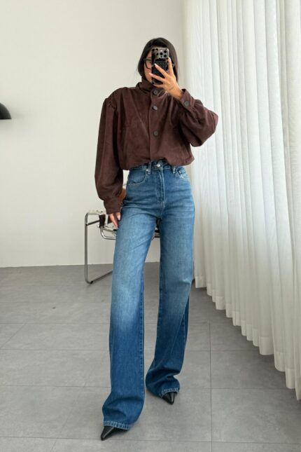 Elana Wide Leg Lacivert Eskitme Jean