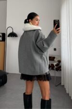 Oversize Yakası Kürklü Ceket Antrasit - Görsel 3