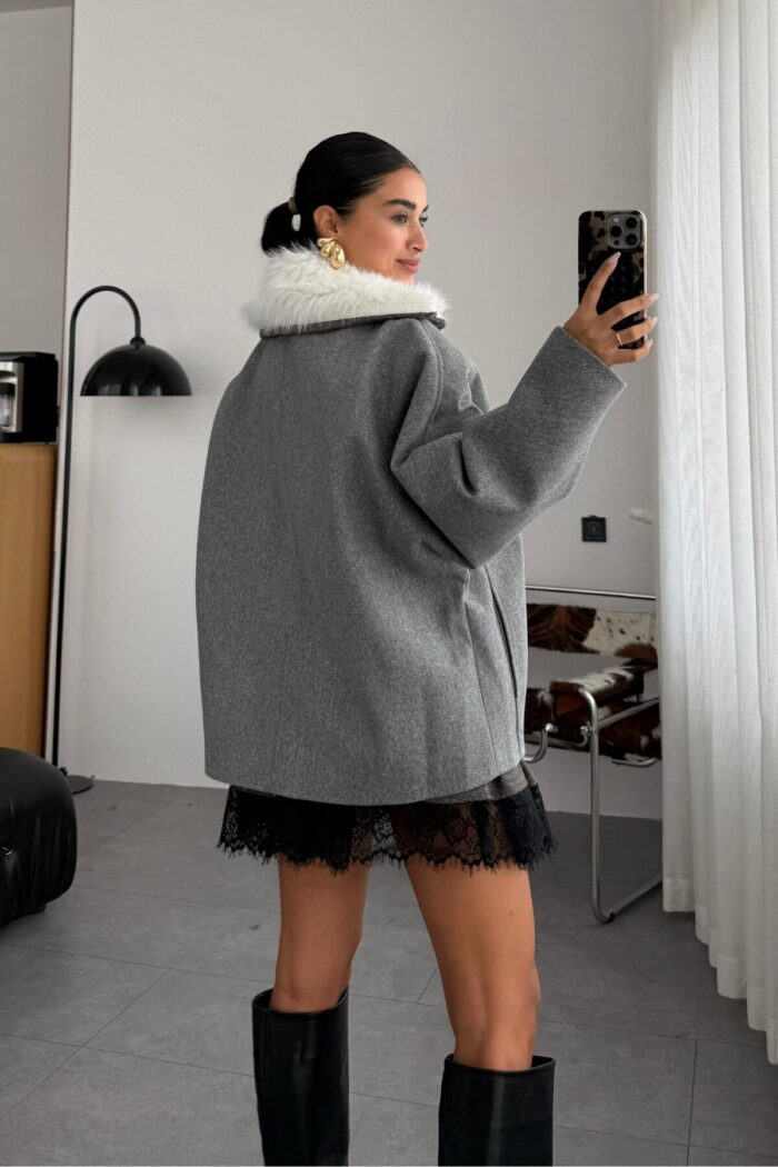 Oversize Yakası Kürklü Ceket Antrasit - Görsel 3