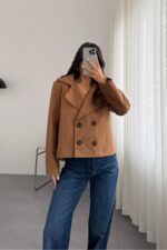 Kruvaze Kısa Süet Ceket Camel