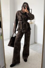 Fuly Koyu Leopar Desenli Gömlek Pantolon Takım