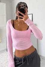 U Yaka Drapeli Crop Pembe