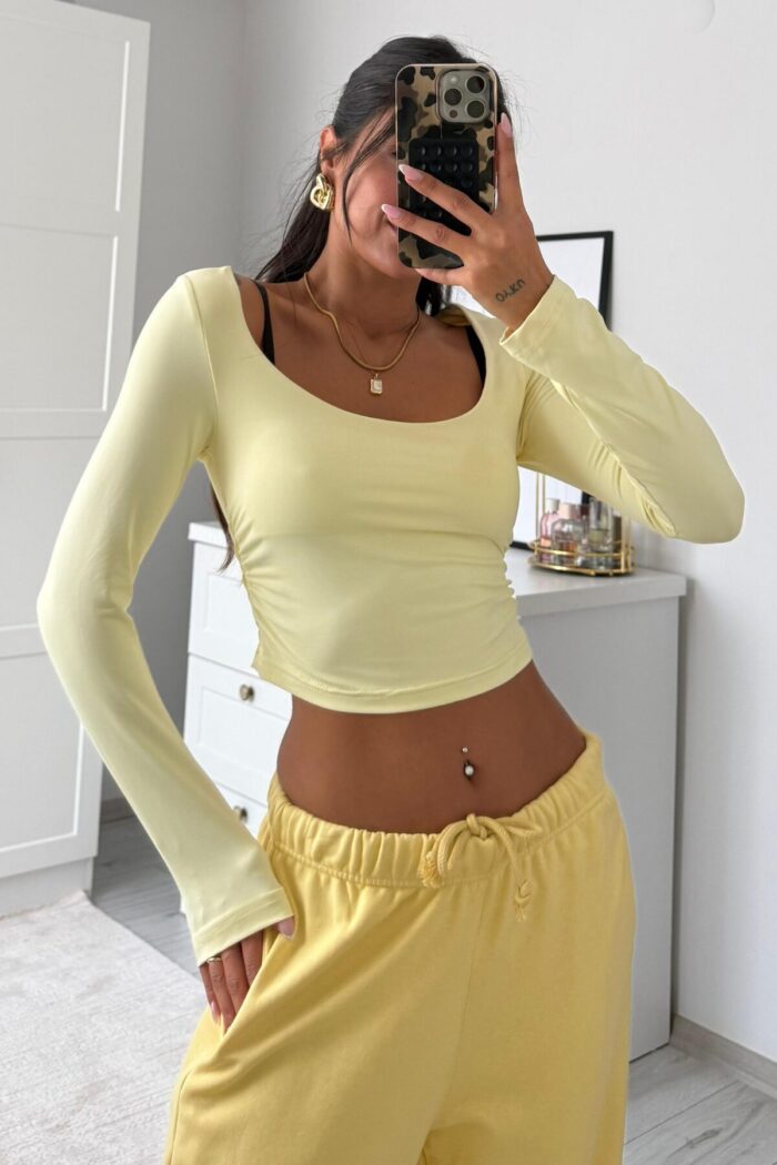 U Yaka Drapeli Crop Sarı - Görsel 1