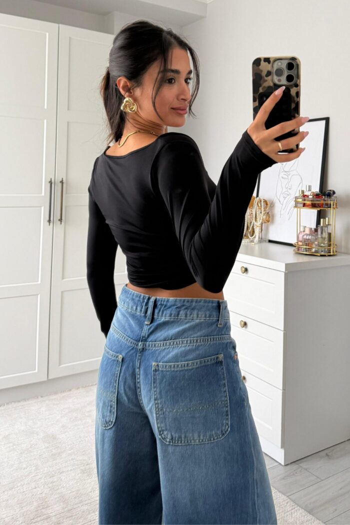 U Yaka Drapeli Crop Siyah - Görsel 3
