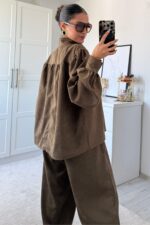 Balon Kol Şalvar Süet Takım Haki - Görsel 5