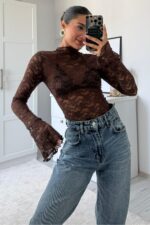 Çiçek Desenli Dantel Bluz Kahverengi