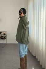 Oversize Dik Yaka Bomber Trenç Haki - Görsel 4