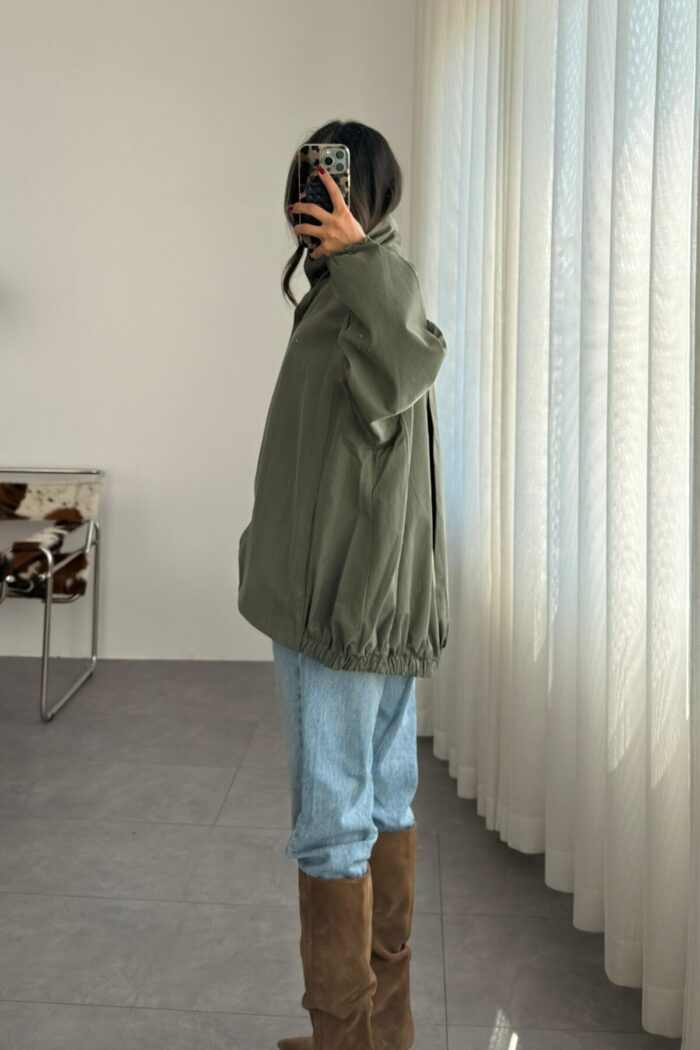 Oversize Dik Yaka Bomber Trenç Haki - Görsel 4